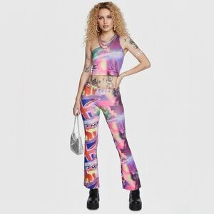 Elsie & Fred Pleasure Print Two Piece Set - Low Rise Flare & One Shoulder Top